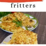 Spaghetti squash fritters on a spatula with a plate of fritters behind