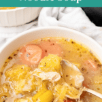 Bowl of spaghetti squash noodle soup with shredded chicken, Pinterest pin
