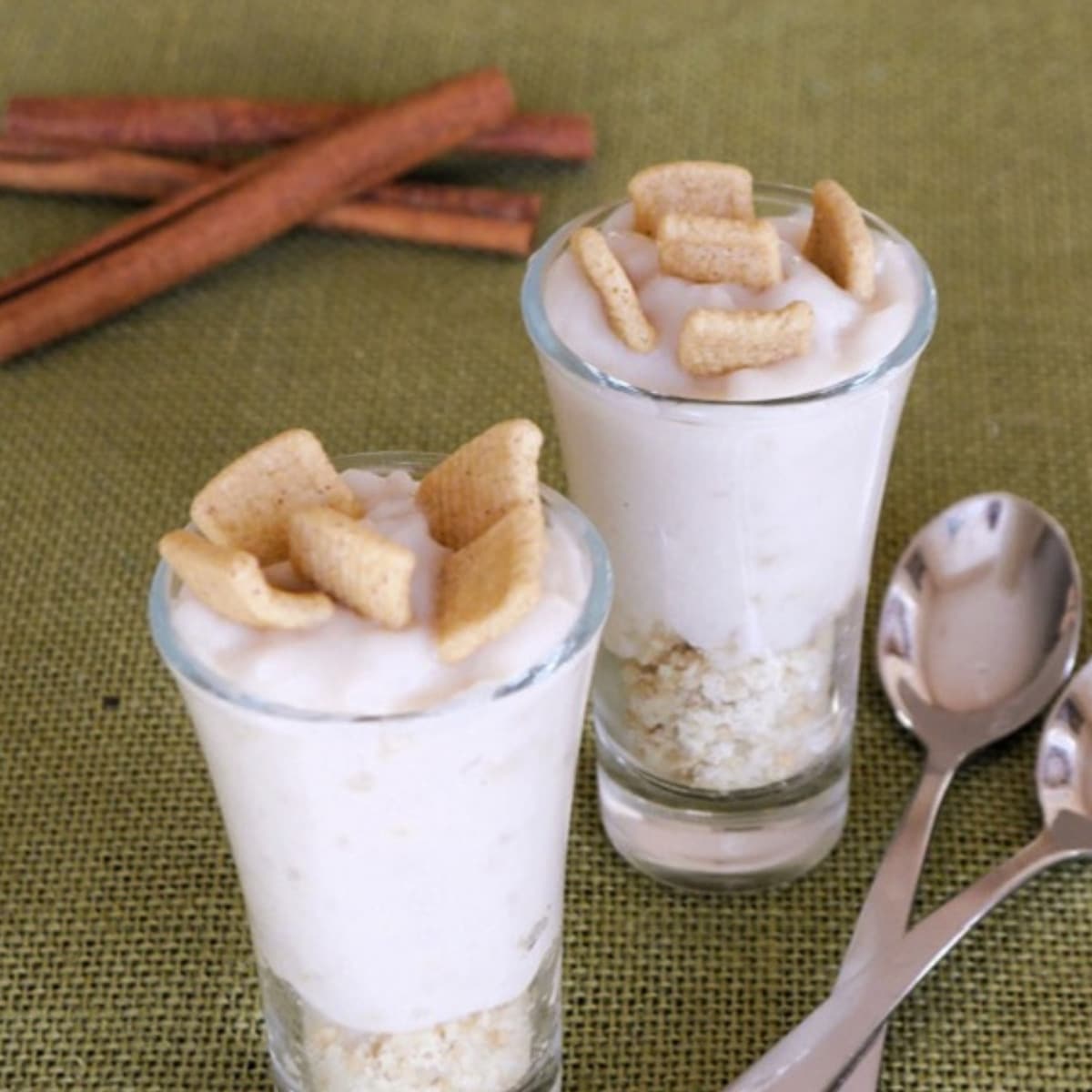 Keto cinnamon toast dessert in shot glasses topped with Catalina Crunch cereal