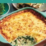 Keto Creamy Chicken Spinach Bake Pinterest graphic with the baked casserole