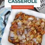 Keto French Toast Casserole Pinterest pin with the casserole on a wooden table