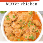 Keto slow cooker butter chicken in a white bowl, Pinterest graphic