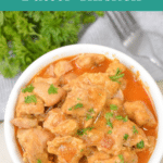 Keto slow cooker butter chicken in a white bowl, Pinterest graphic