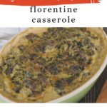 Low carb beef florentine casserole Pinterest graphic with the baked casserole in a green dish