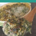 Low carb beef florentine casserole Pinterest graphic with a serving lifted on a wooden spoon