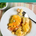 Low Carb Cheesy Ham Cauliflower Casserole pin with a serving on a white plate