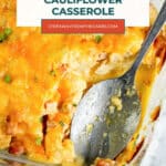 Low Carb Cheesy Ham Cauliflower Casserole pin with a spoonful scooped from the baking dish