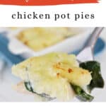 Low Carb Chicken Pot Pies Pinterest graphic with a spoonful of chicken, spinach and cauliflower crust