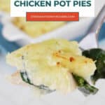 Low Carb Chicken Pot Pies Pinterest graphic with a close-up spoonful of pot pie