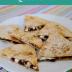 Low Carb Chocolate Quesadilla Pinterest pin showing wedges with melted chocolate and cream cheese