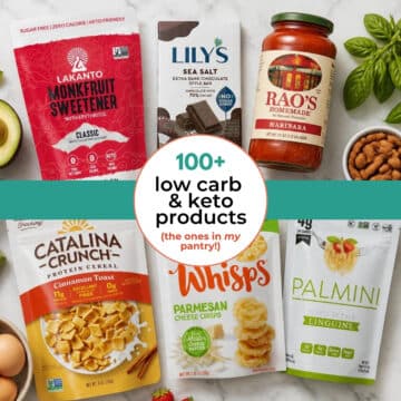 Low carb and keto products including Lakanto monk fruit sweetener, Lily's chocolate, Rao's marinara, Catalina Crunch and Whisps