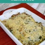 Low Carb Turkey Casserole Pinterest pin with the baked casserole in a white dish