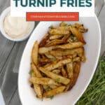 Low Carb Turnip Fries Pinterest graphic with seasoned turnip fries in a white dish and mayo
