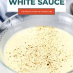 Low carb white sauce in a glass bowl with a striped napkin - Pinterest pin