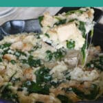One Pot Chicken and Cauliflower Rice Casserole Pinterest pin with a cheesy spoonful lifted from the skillet