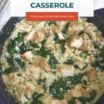 One Pot Chicken and Cauliflower Rice Casserole Pinterest pin with title over the finished skillet
