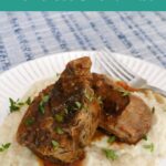 Slow Cooker Boneless Short Ribs Pinterest graphic with a plate of saucy short ribs