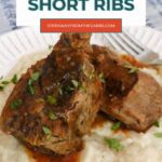Slow Cooker Boneless Short Ribs Pinterest graphic with short ribs and cauliflower mash